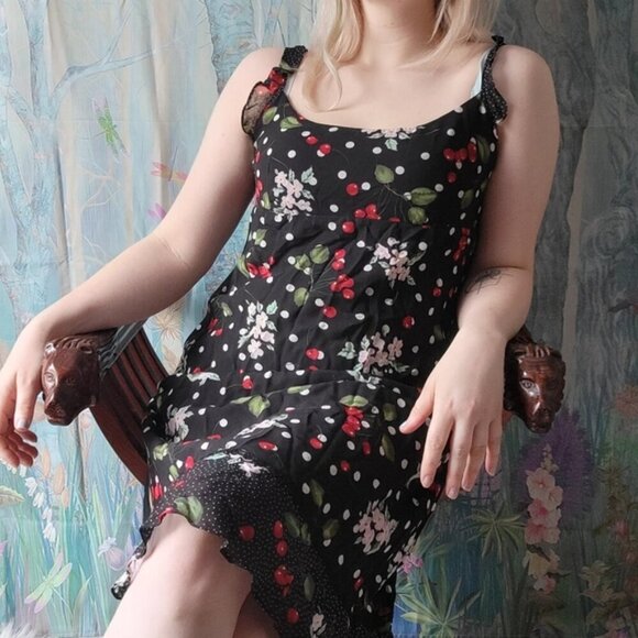 VTG Mica Mimi Maternity Y2K Cherry Floral Midi Dress Ruffle Large Black EUC - Picture 2 of 9